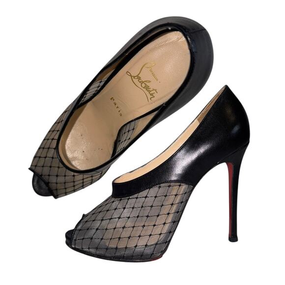 Christian Louboutin Resillana Black Leather & Mesh Peep Toe Heels Size 38.5 - Picture 5 of 13